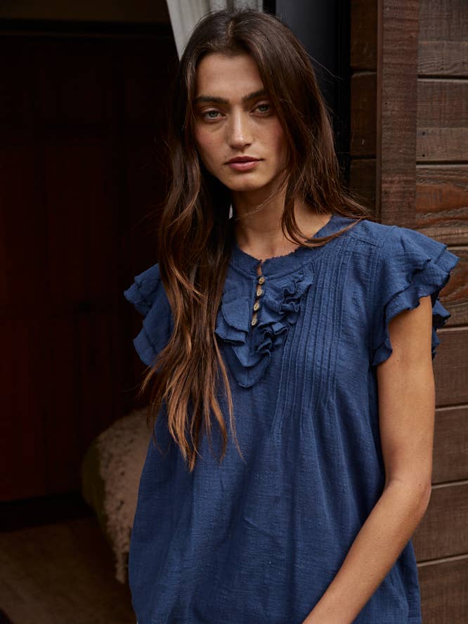 By Together - Wholesale Blouse - Women's - L6502 | Woven Cotton Linen Button V-Neck Short Sleeve Top
