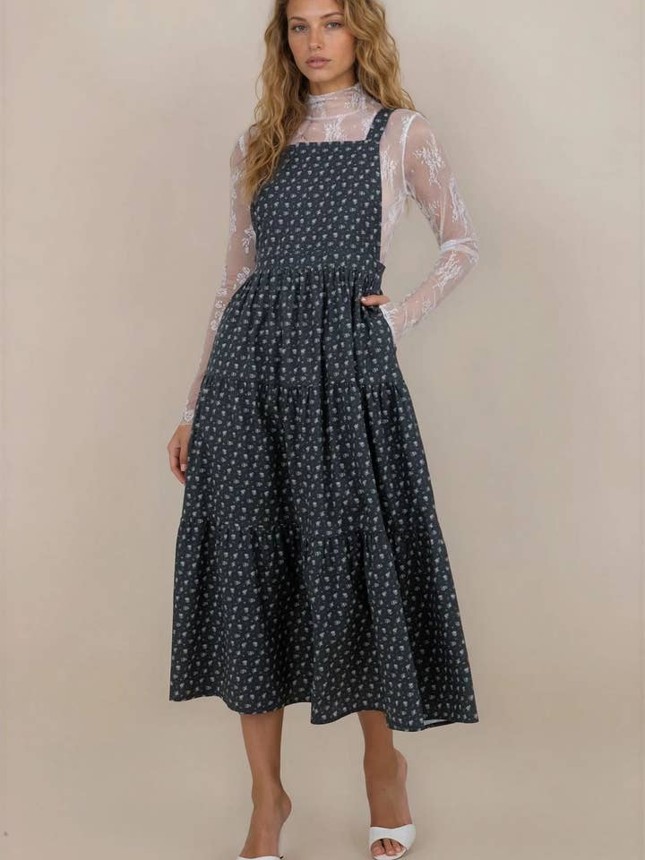 Shay Overall Dress in Navy Floral for wholesale by Fehrnvi Apparel