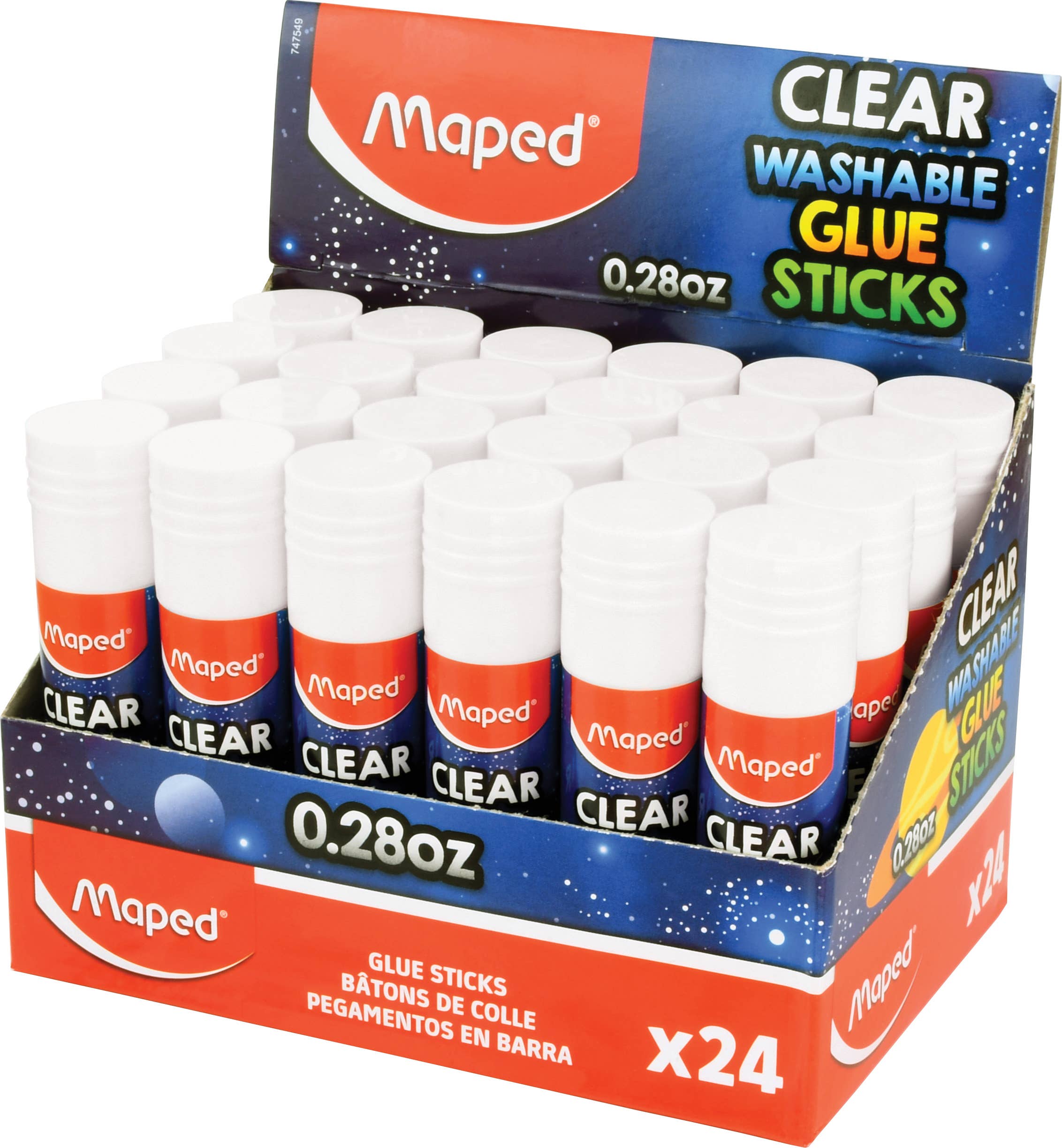 Maped Helix USA - Wholesale Glue - Essentials Clear Washable Glue Stick Display x24 - 0.28oz0