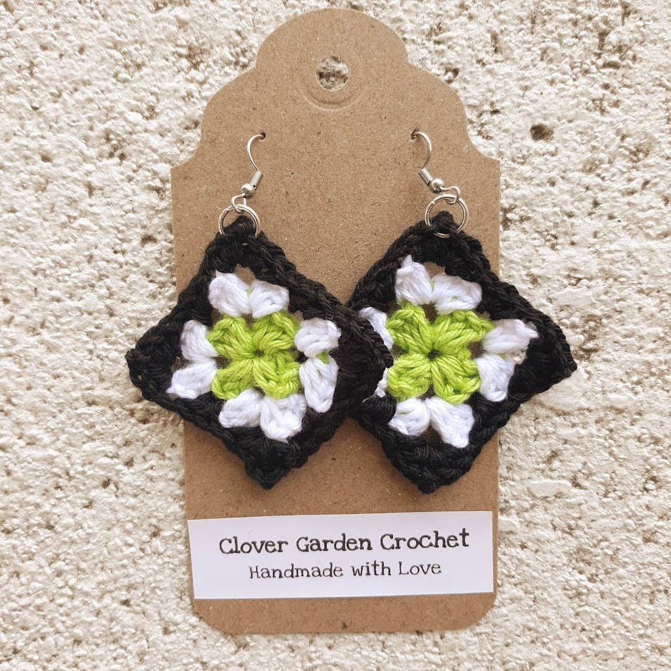 Clover Garden Crafts - Wholesale Dangle Earrings - Crochet Granny Square Drop Earrings, Black White and Colored0