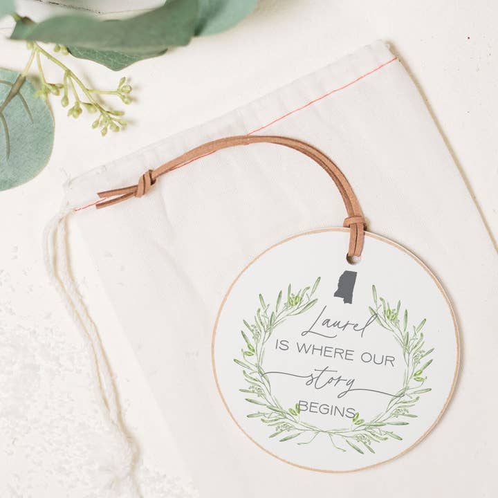 Custom Ornament, Where Our Story Begins, Wood Round Ornament for wholesale by Clairmont & Co