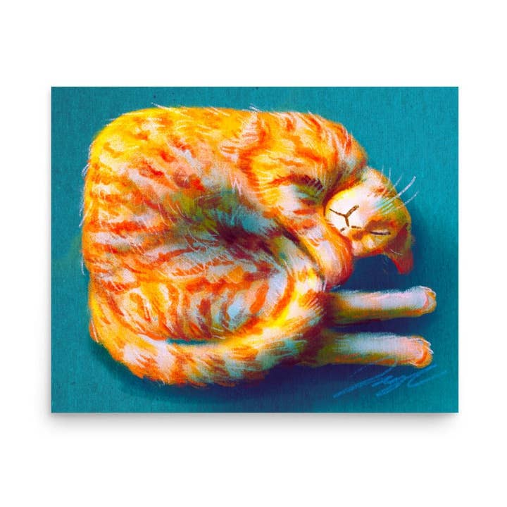 Shrimp Cat Painting | Curled Up Whimsical Fine Art Print for wholesale by JoyousJoyfulJoyness