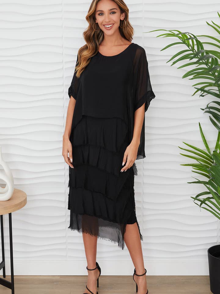 EFFEN ZIJDEN JURK MET RUCHES (11502-BLK) voor wholesale door MILIO MILANO