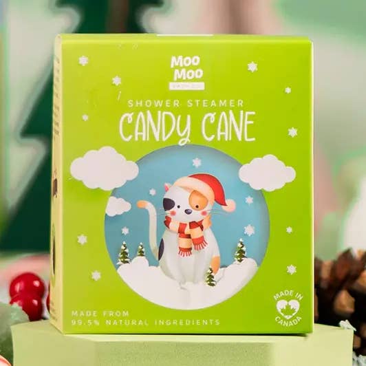 Candy Cane Shower Steamer for wholesale by Moo Moo Bath Co