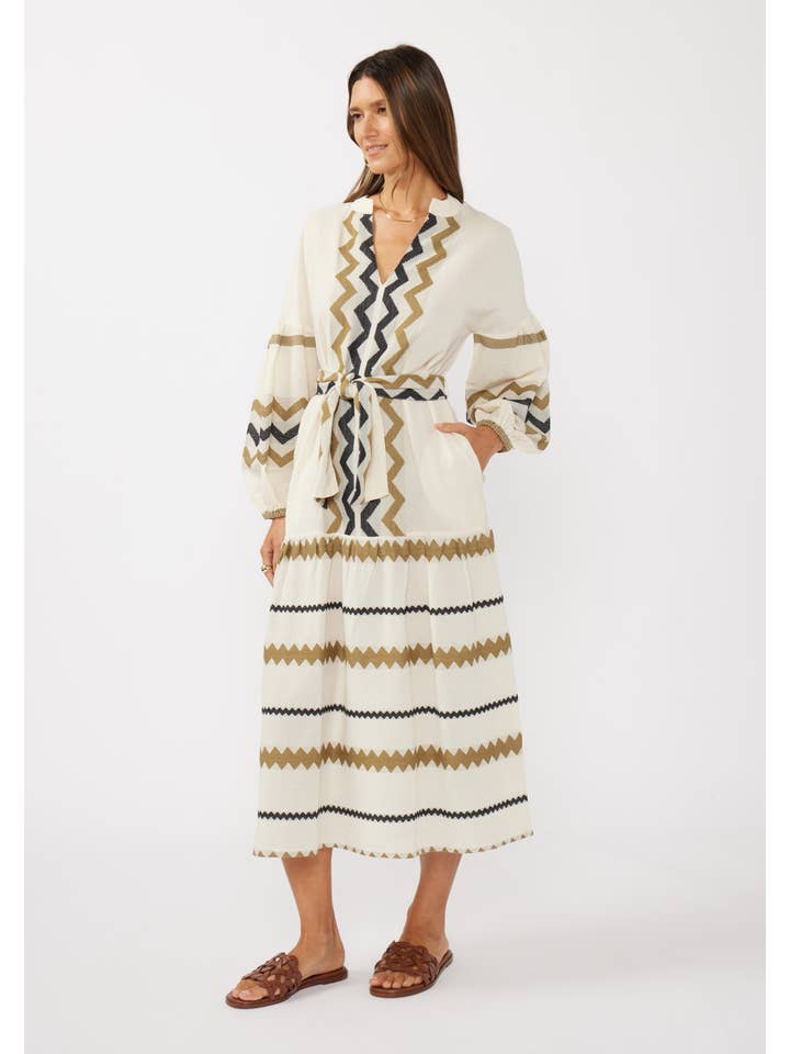 Naturel/Kaki Robe maxi à manches blouson à étages avec ceinture à la taille en vente sur Faire1