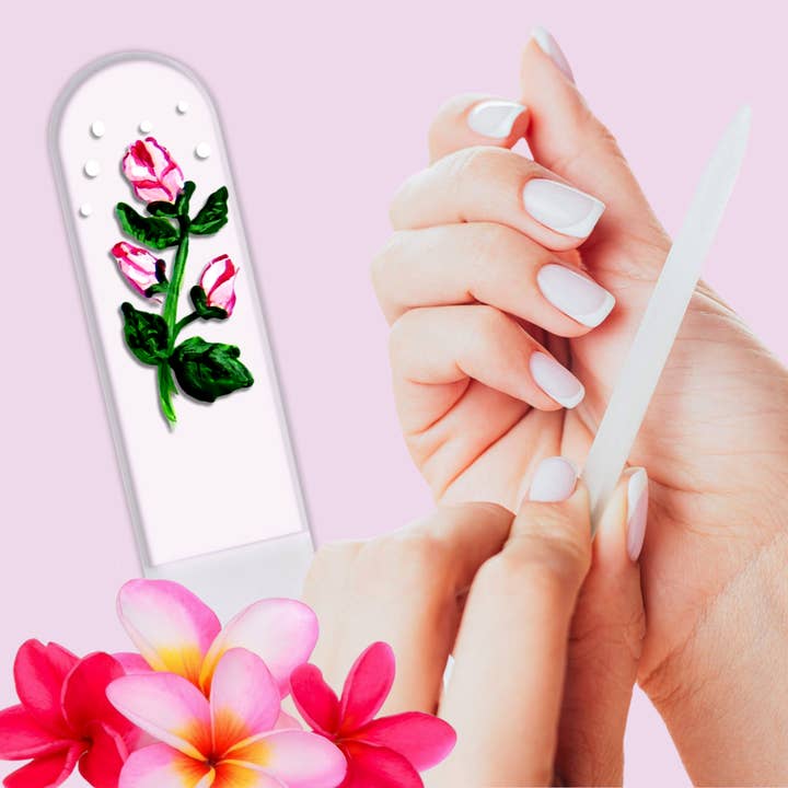 Classy Nail Files – wholesale Nagelfil – Rosenknoppar Rosa Blomma Gåva Handmålad Kristallnagelfil8