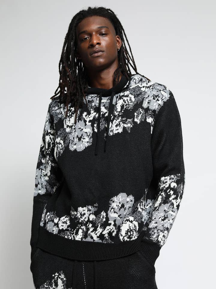Svart Hängande blommig Distressed Hoodie tröja för wholesale på Faire