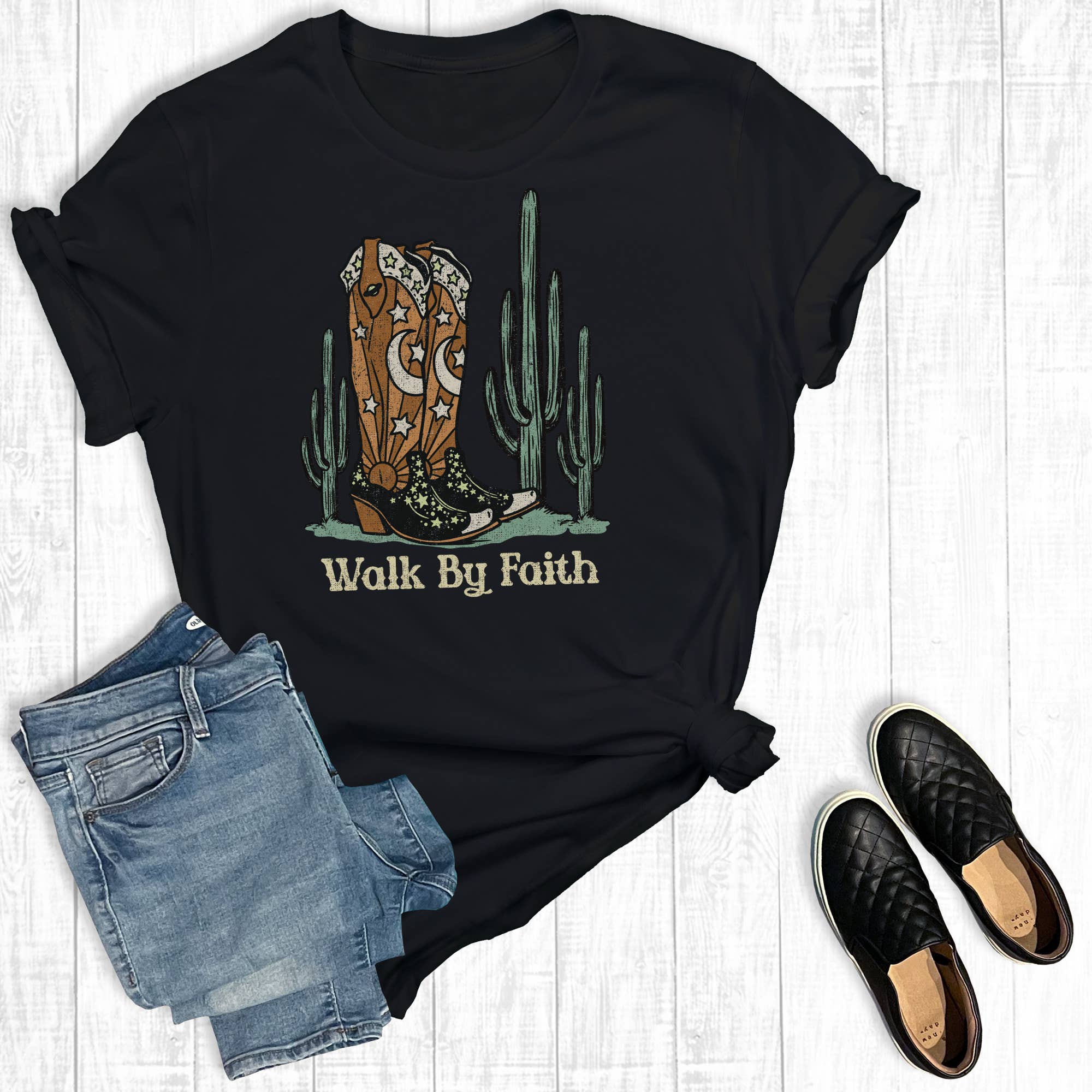 Black Western Walk By Faith Graphic Tee for wholesale on Faire