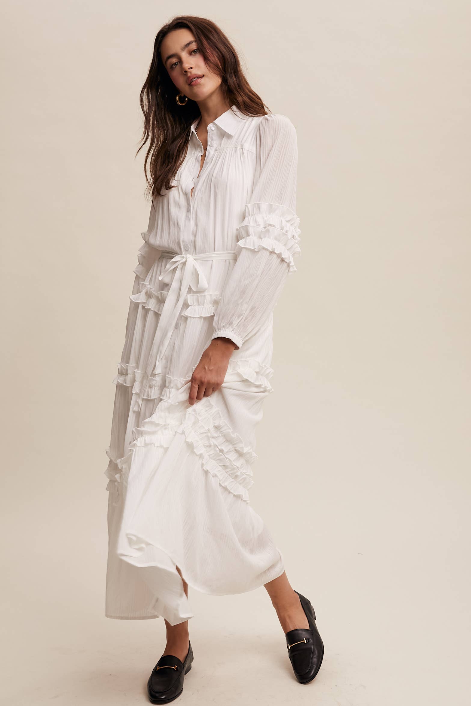 Listicle - Wholesale Dress - Women's - Ruffled Belted Maxi Shirt Dress LD14962