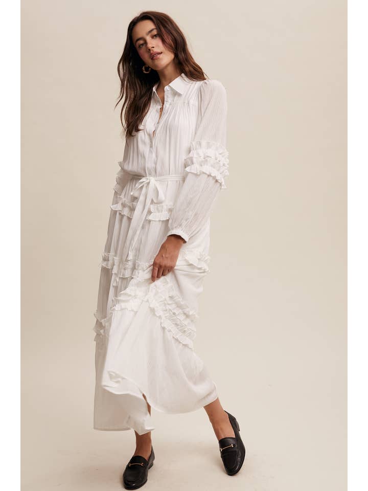 Listicle - Wholesale Dress - Women's - Ruffled Belted Maxi Shirt Dress LD14962