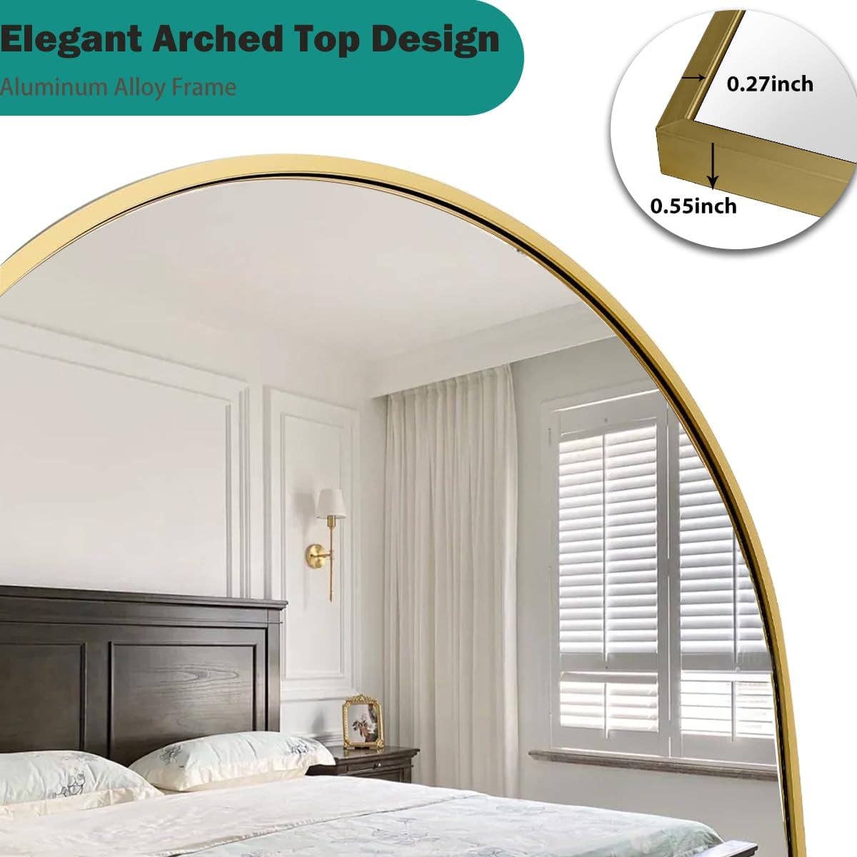 57 Inch Arched Floor Mirror With Stand Gold Aluminum Frame for wholesale on Faire5