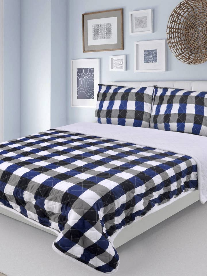 Blue and Grey Check Microfiber Quilt Set Sherpa Back for wholesale by Mod Lifestyles