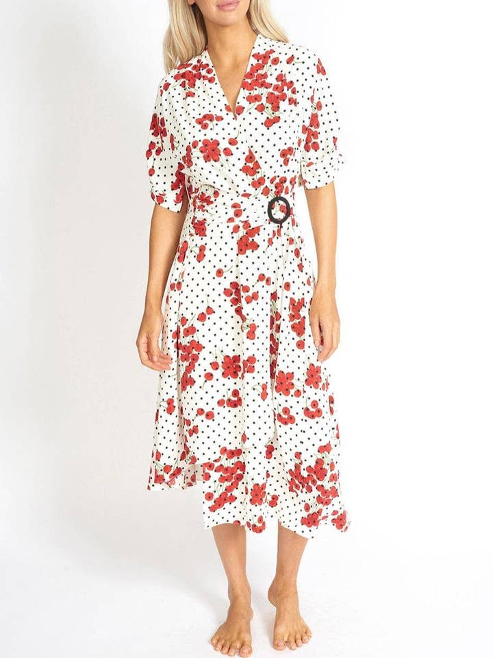Cherry and Polka Dot Wrap Style Dress for wholesale by MUSE FASHION
