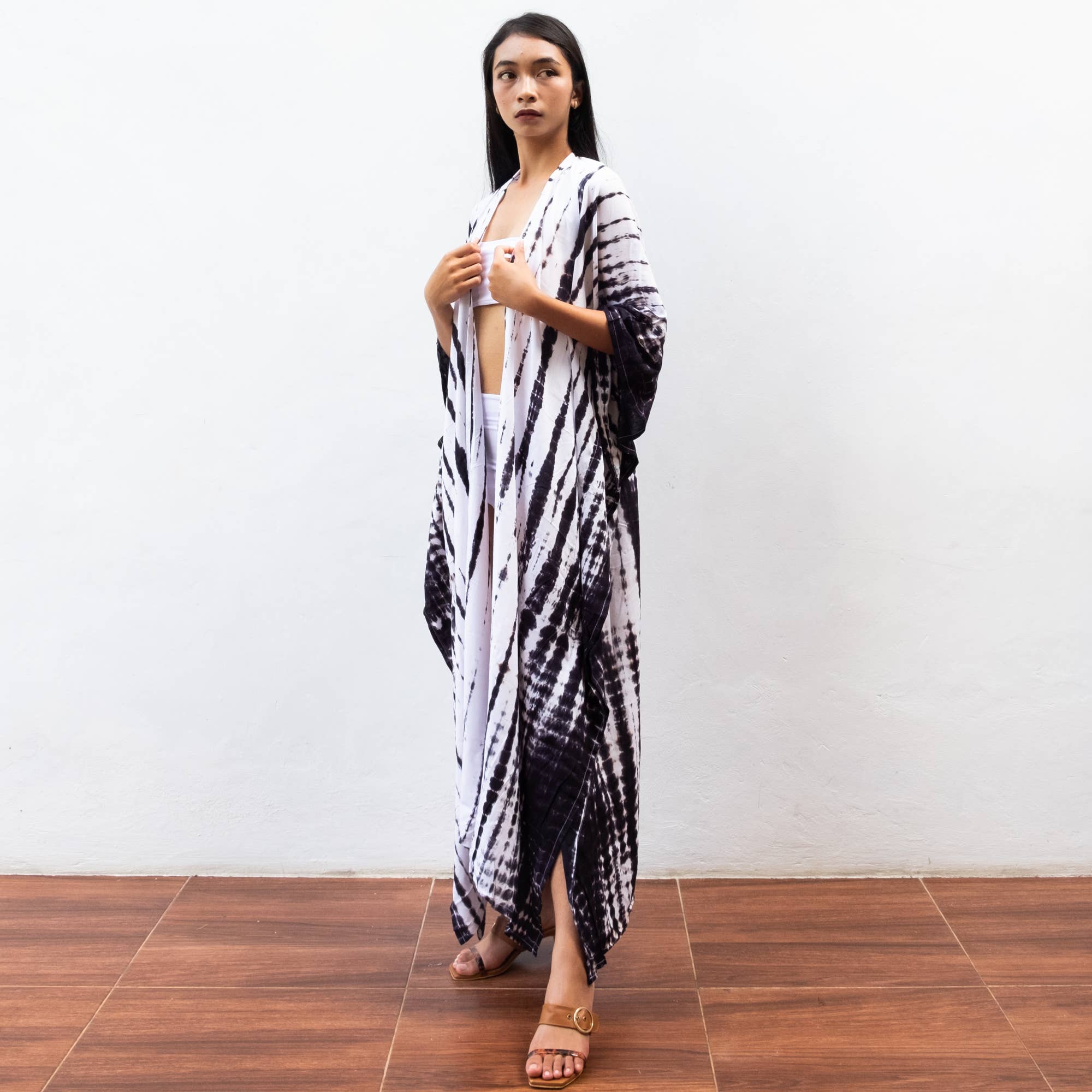 Bali Harvest - Wholesale Swim Cover Up - Women's - Tie Dye Kimono Cover Up (White Black) - Bikini Beach Robe3