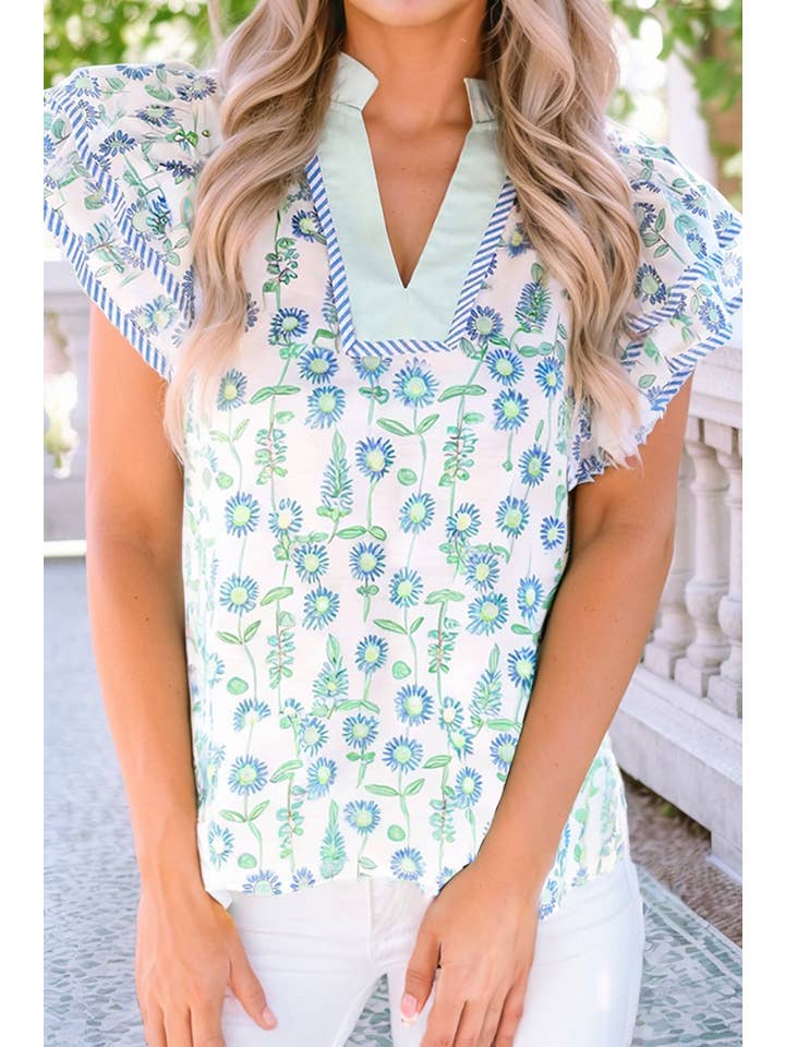 Green LDC Floral Print Striped Detail Contrast Patchwork Blouse for wholesale on Faire