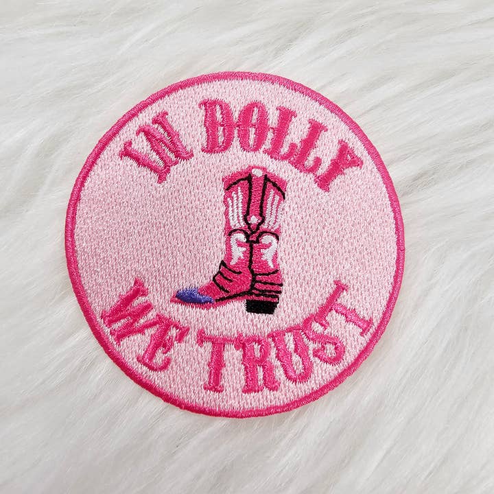 Scratch Decor - Wholesale Patch - 'In Dolly We Trust' Pink Embroidery Iron On Patch