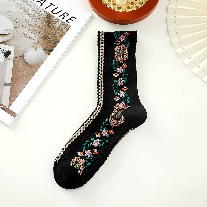 Tourtiwi - Wholesale Socks - Women's - Boho Vintage Floral Embroidered Crew Socks 1