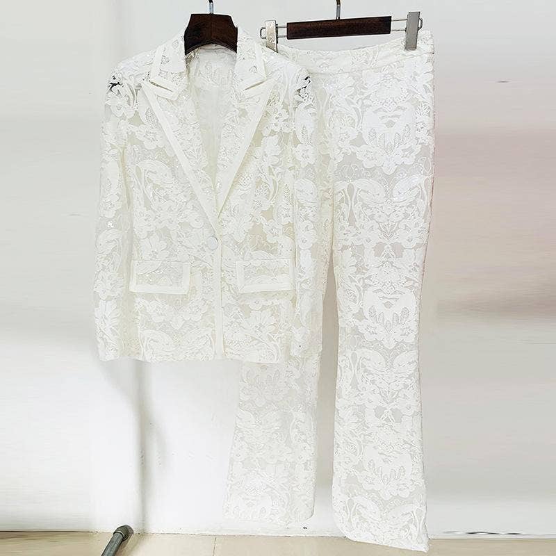Keira White Lace Blazer and Pant Two Piece Set for wholesale on Faire1
