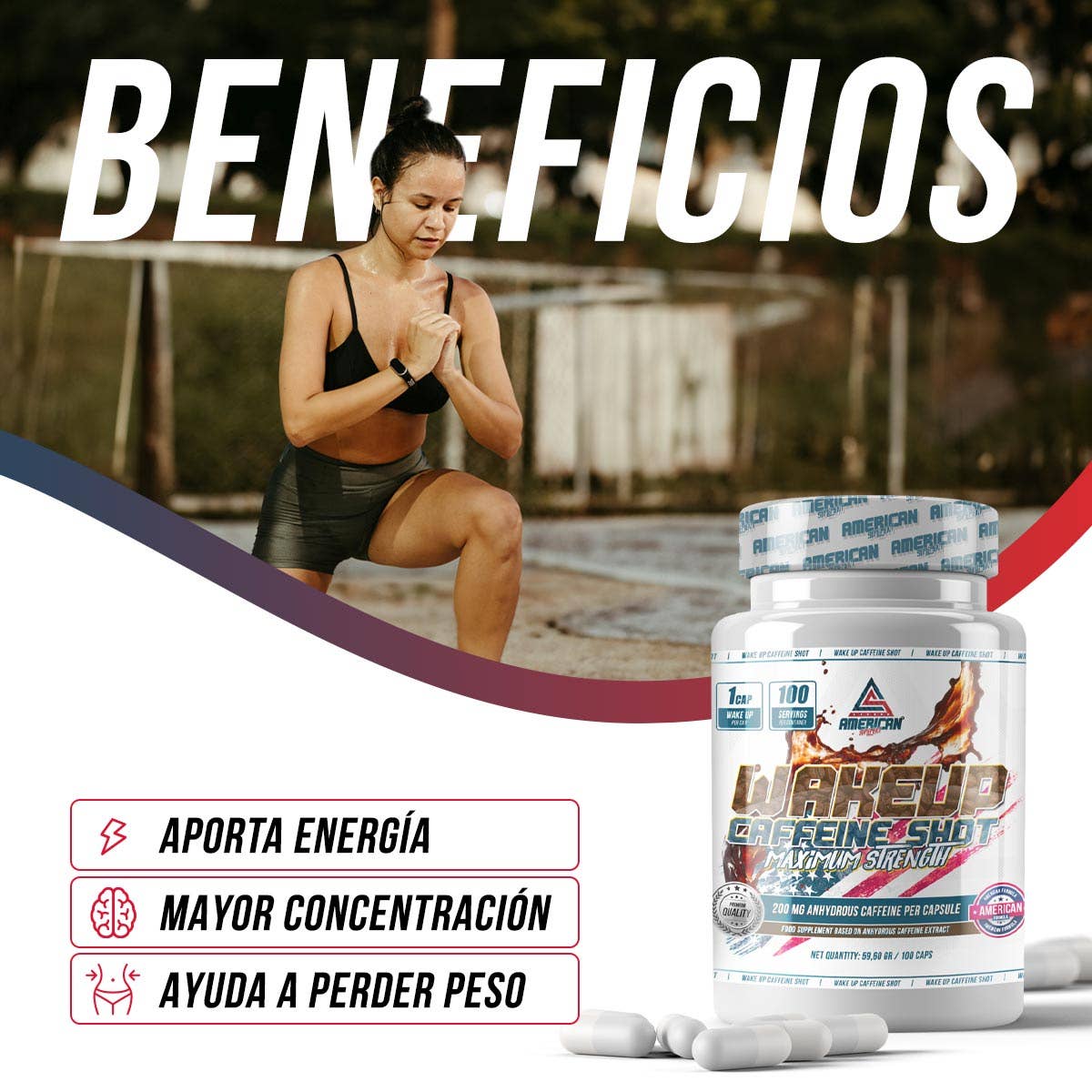AMERICAN SUPLEMENT S.L. – Suplemento/vitamina oral por atacado – American Suplemento | Wake Up Caffeine Shot | 100 cáps.4
