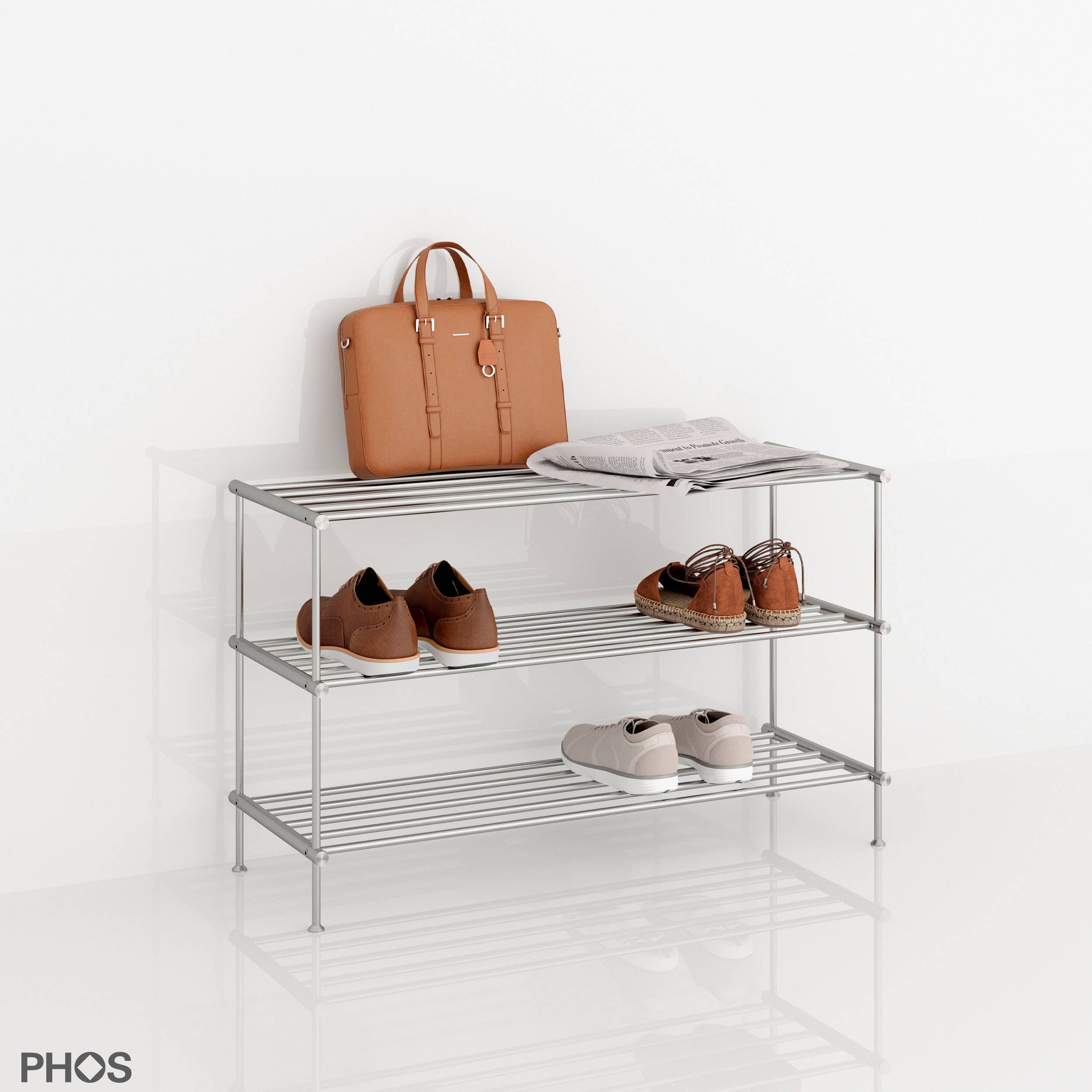 PHOS Design GmbH - Wholesale Shoe Rack - Solid stainless steel shoe racks, 30 cm deep, free-standing2