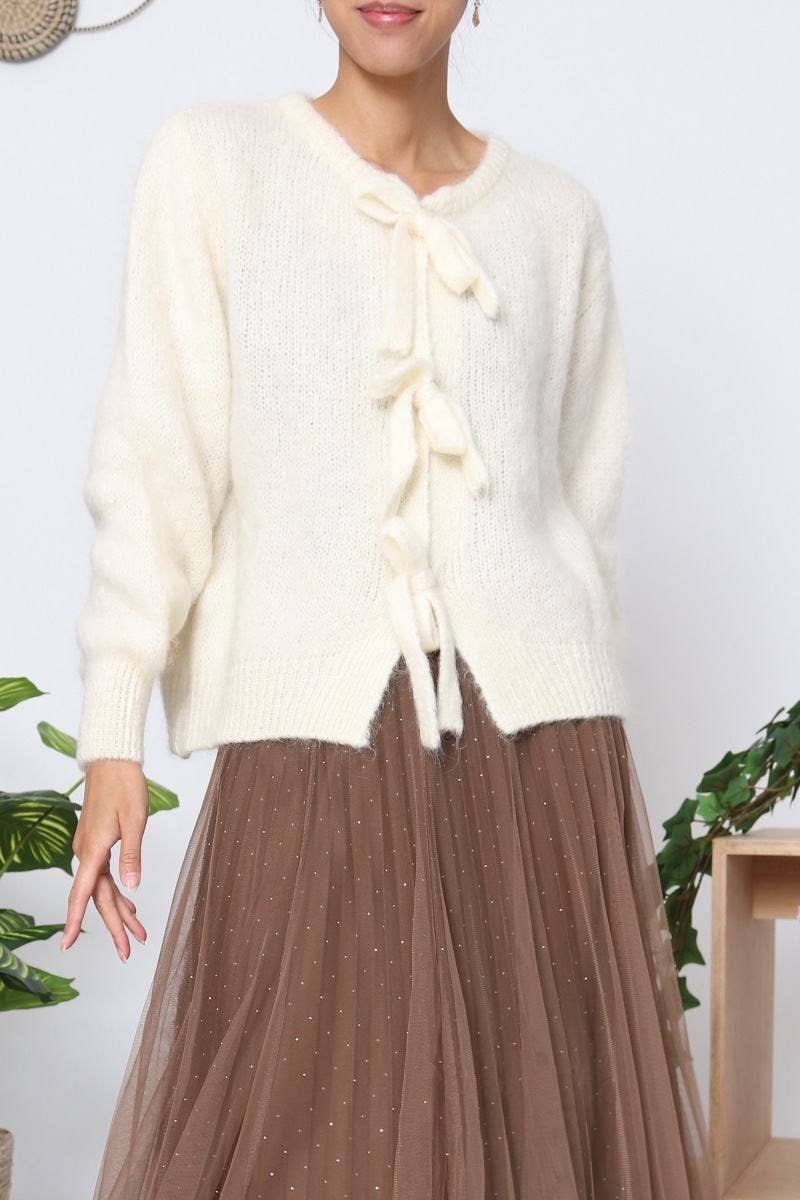 Orice – Cardigan - Mulher por atacado – Cardigã de tricô em lã mohair com laço - Orice2