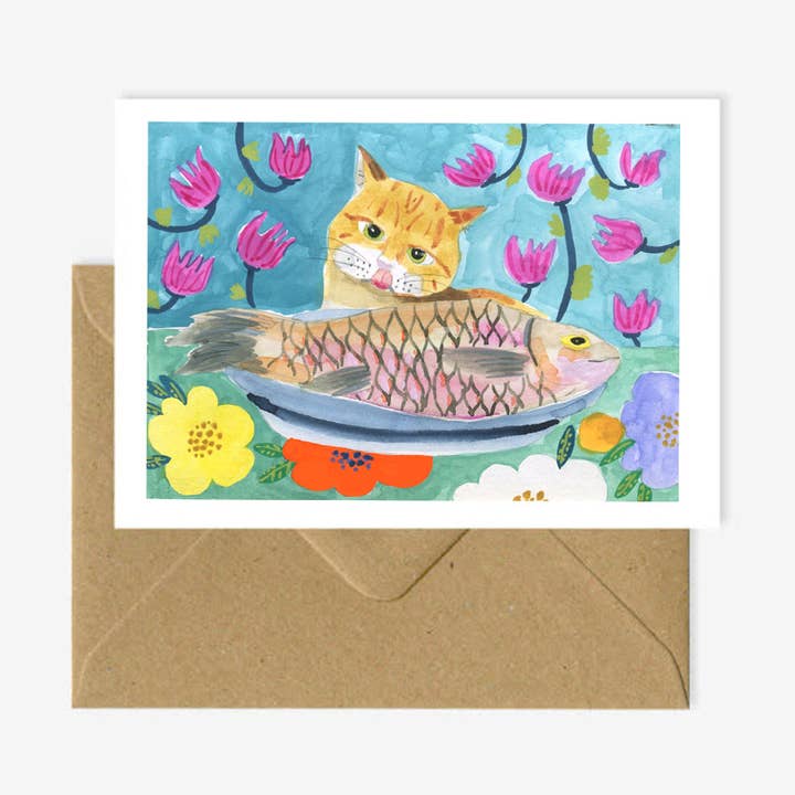 Doppelte A6-Karte "Die Katze und der Fisch" für den Großhandel von Marina Vandel