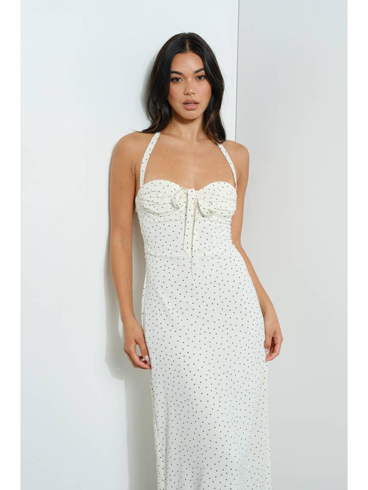 Ivory POLKA DOT HALTER NECK MAXI DRESS for wholesale on Faire