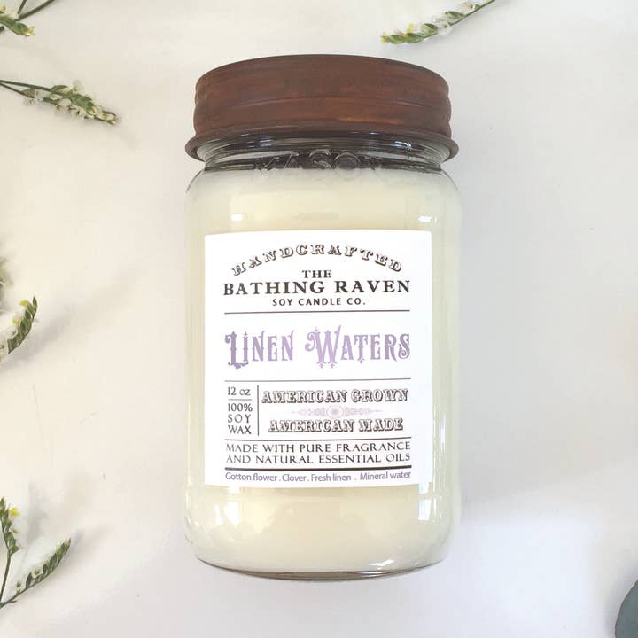 Linen Waters | Farmhouse Mason Collection Soy Candle for wholesale by The Bathing Raven Candle Co.