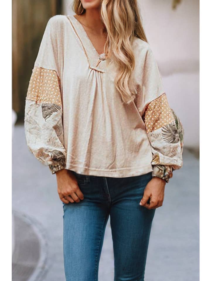 Jet Stream LDC Polka Dot Puff Sleeve Patchwork V Neck Loose Blouse for wholesale on Faire