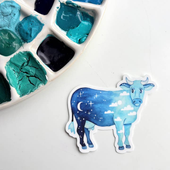 Pegatina de vinilo Vaca de Noche y Día – Animal de granja celestial para venta al por mayor de Owlfeathers Watercolor