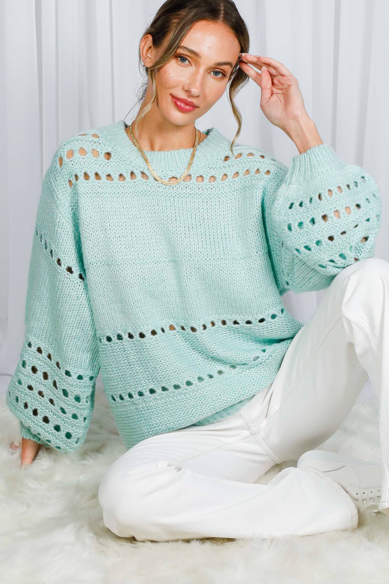 Vine & Love - Vente Pull en maille – femme - Pull en crochet à col rond et manches ballon en tricot ouvert VT517031