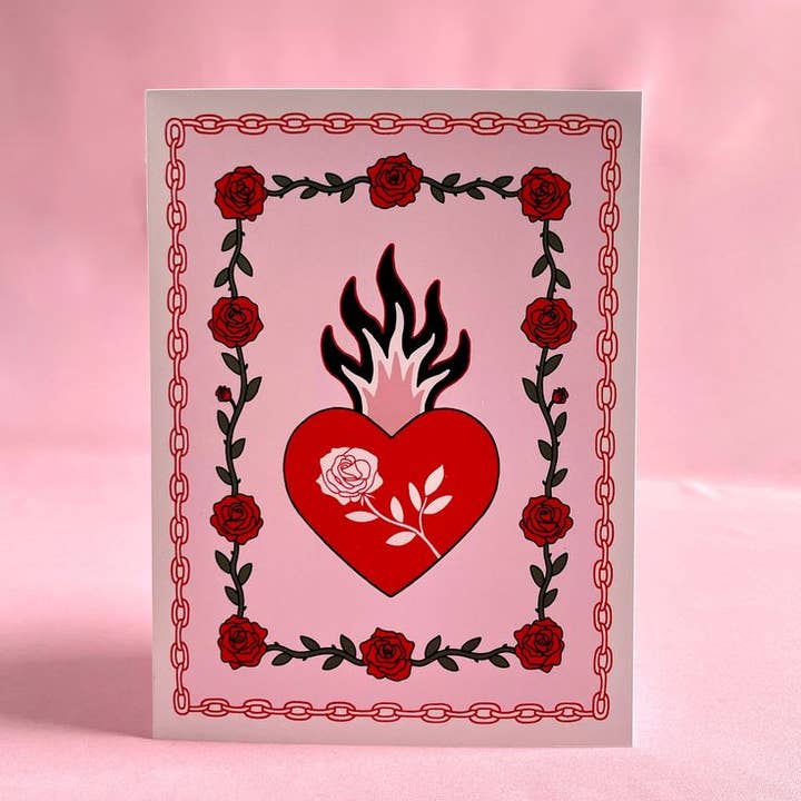 Carte de vœux cœur rose et rouge Amour en feu pour la vente par Steph Marie Art