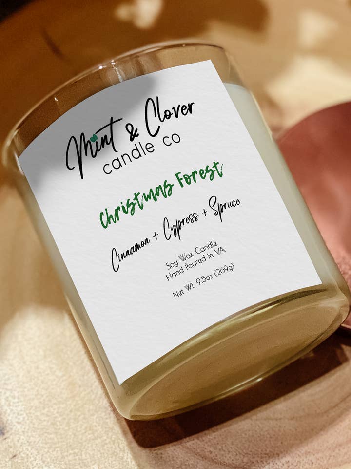 Christmas Forest - Vela perfumada de cera de soja para venta al por mayor de Mint & Clover Candle Co