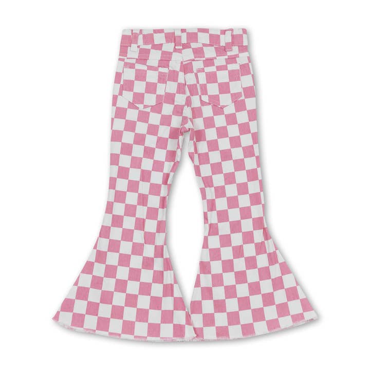 Yawoo Garments - Wholesale Jeans - Kids - Pink plaid denim pants girls valentine's bell bottom jeans