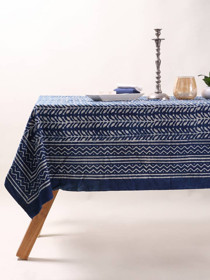 Cotton Tablecloth, Indigo Blue Leaf Print Dining Decor Cover for wholesale by Artsy Home