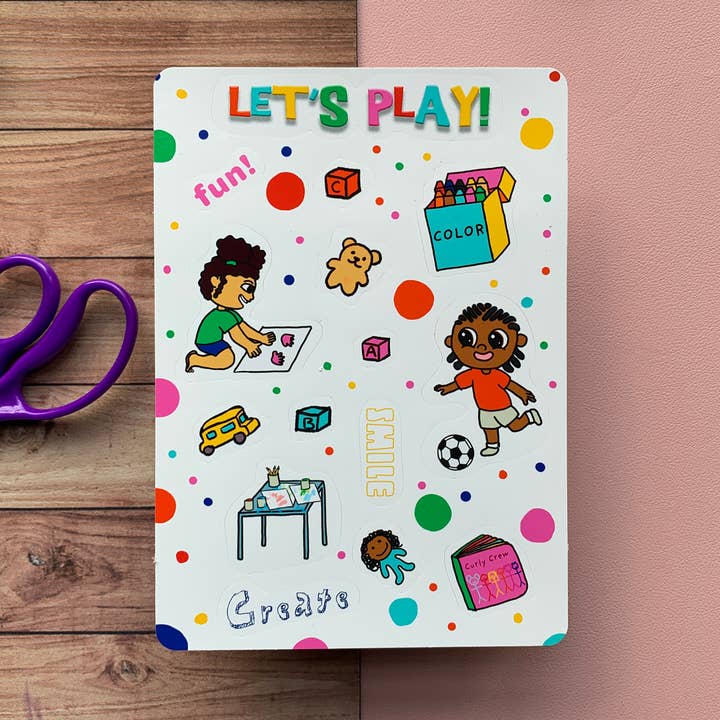 "Let's Play!" Sticker Sheet for wholesale by Curly Crew Books