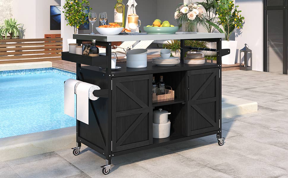 39F Inc. - Wholesale Outdoor Ornament/Decor - Outdoor Kitchen Island,Farmhouse Solid Wood Rolling Cart32