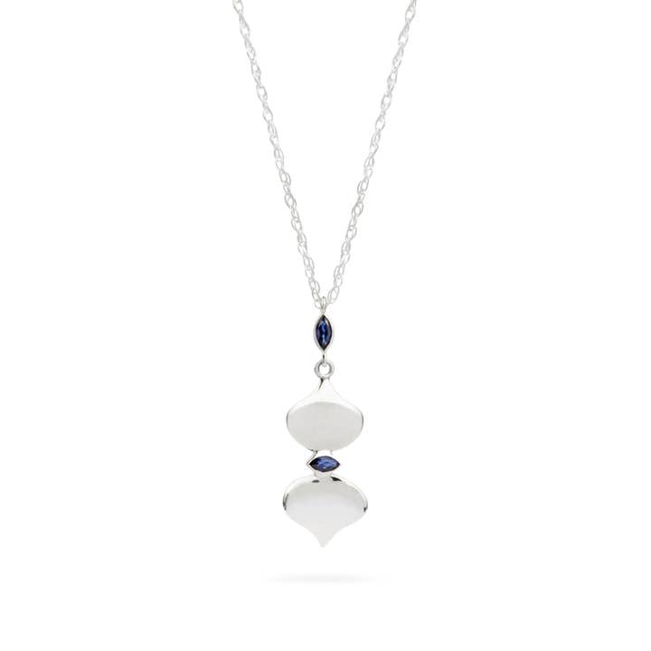 Silver Two Drop Blue Sapphire Necklace for wholesale by MezzeJewelry