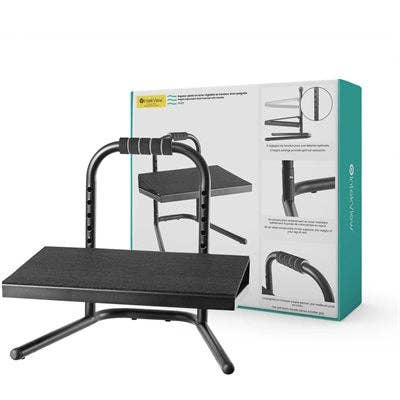 Height-adjustable steel footrest with handle for wholesale by Printink Canada