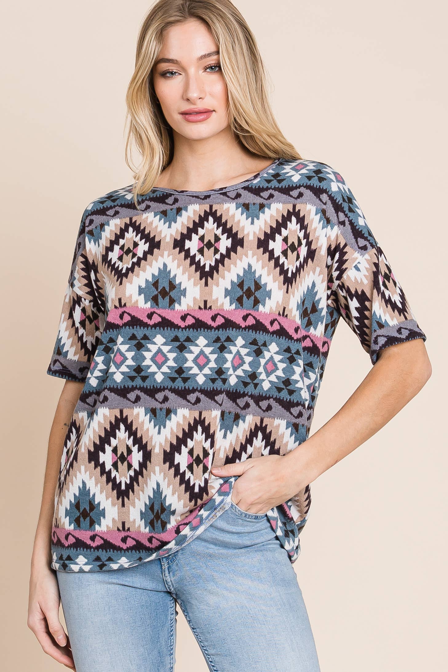 BOMBOM - Wholesale Knit Top - Women's - TA1966 Southwest Aztec Print Knit Top
