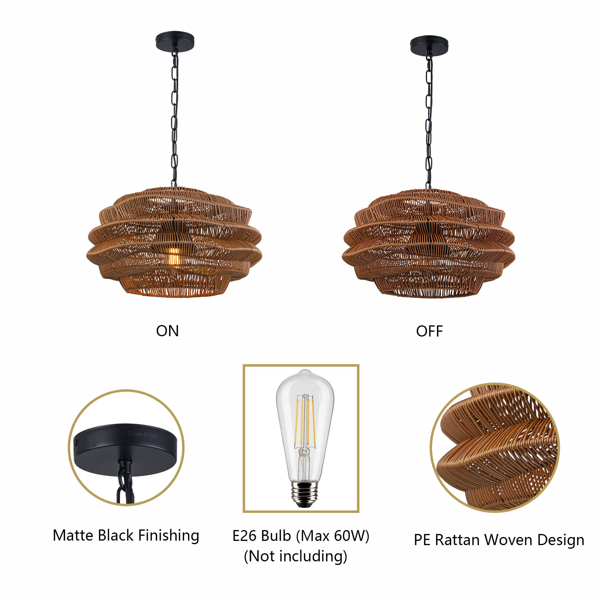 ELE Light & Decor - Vente Lustre/Suspension - Suspension en rotin côtier d'extérieur à 1 lumière avec abat-jour marron3
