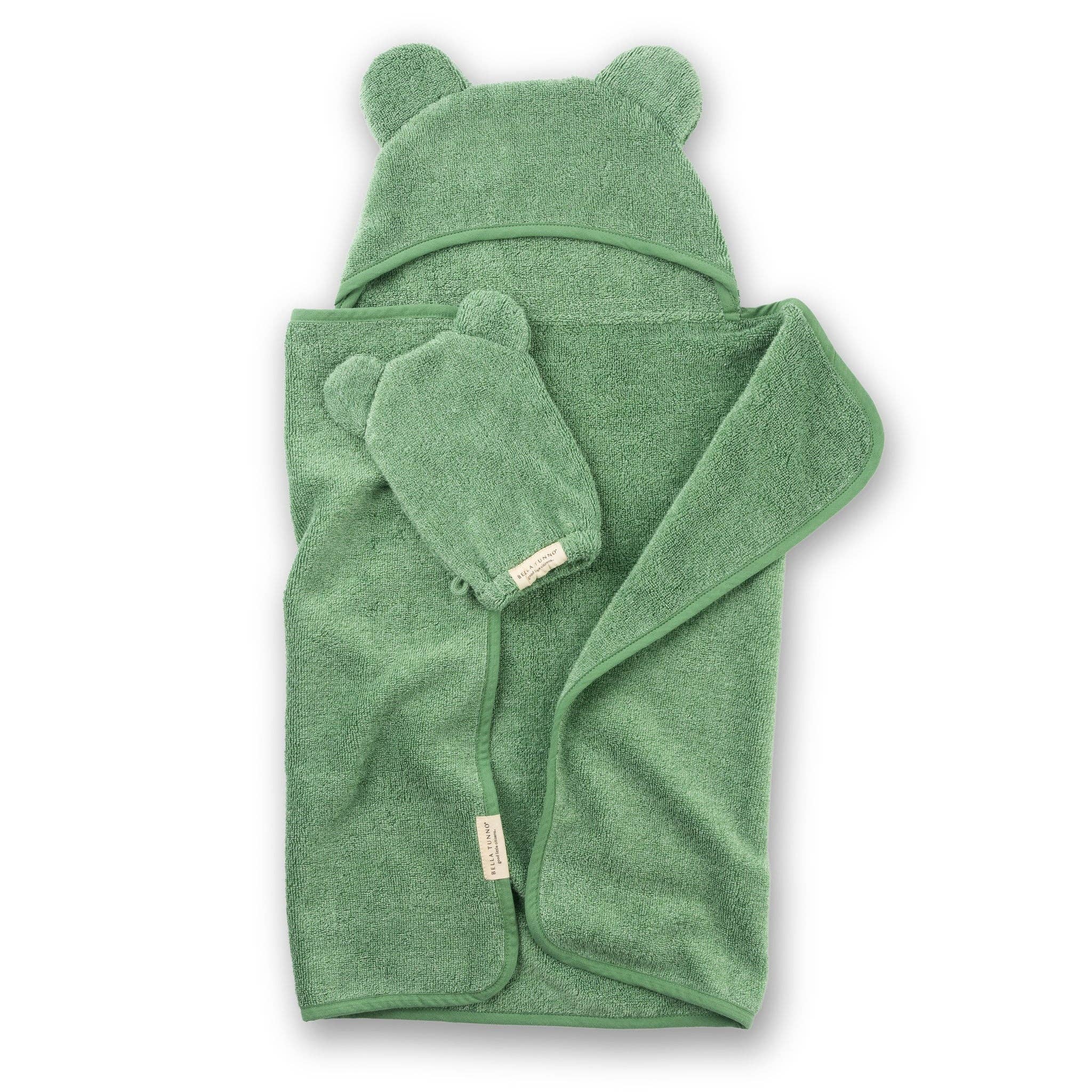 Green Hooded Towel + Wash Mitt Set Sea Foam for wholesale on Faire5