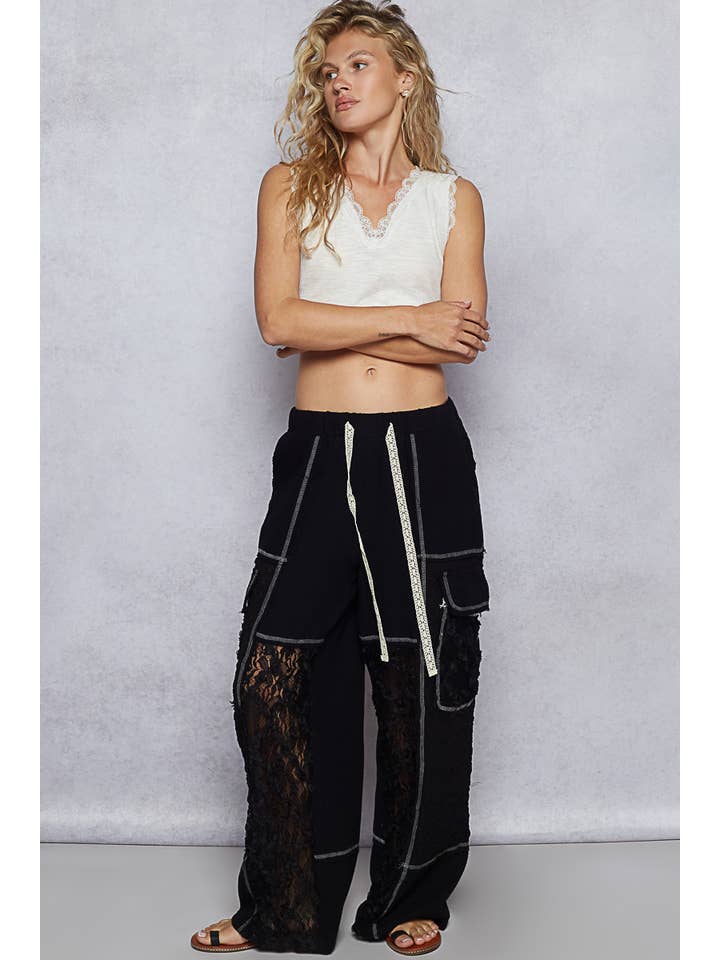 Pol Clothing - Wholesale Pants - Women's - Solid lace patch side pocket wide pants14