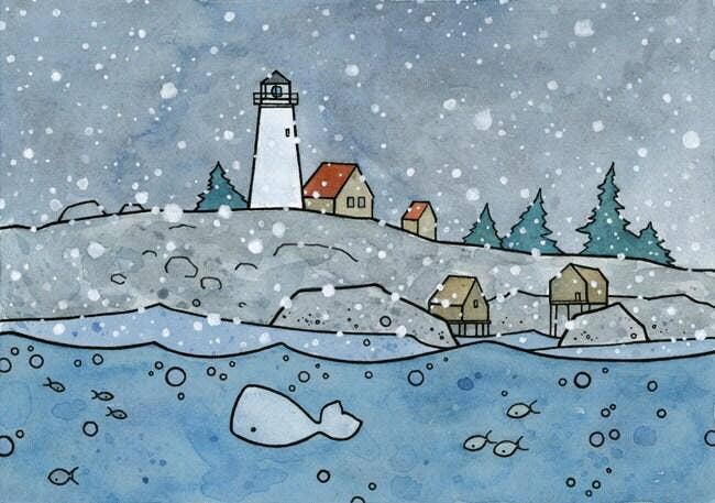 Studio Tuesday - Wholesale Christmas Card - Coastal Christmas Card Snowy Lighthouse and Whale1