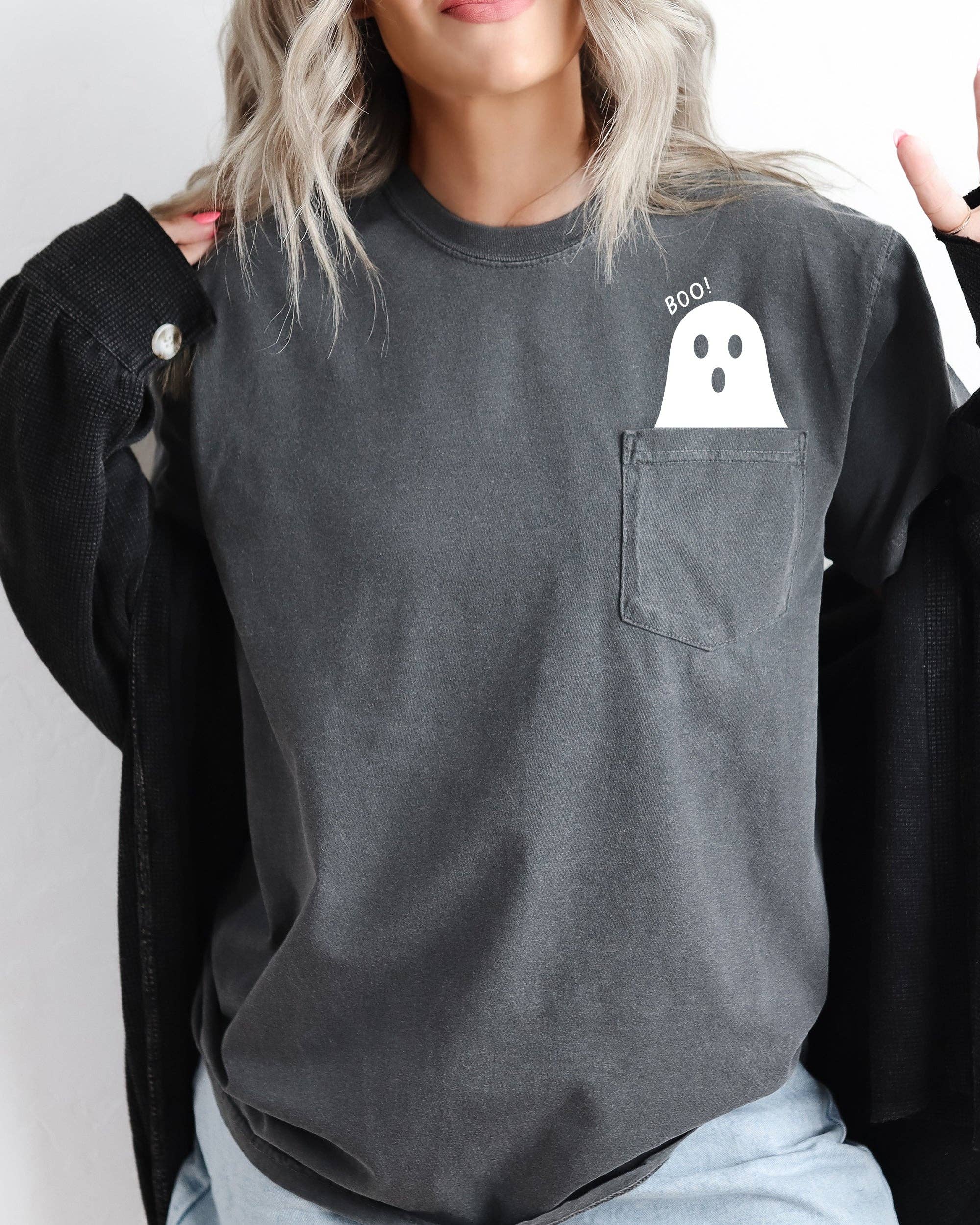 Refinery Number One LLC - Wholesale Screen Printed T-Shirt - Women's - Boo Ghost Halloween Pocket, Cute, Skeleton, Ghost Tee3