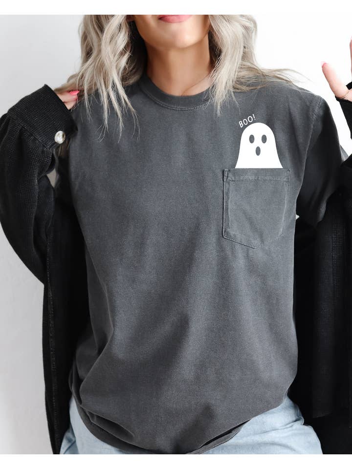 Refinery Number One LLC - Wholesale Screen Printed T-Shirt - Women's - Boo Ghost Halloween Pocket, Cute, Skeleton, Ghost Tee3