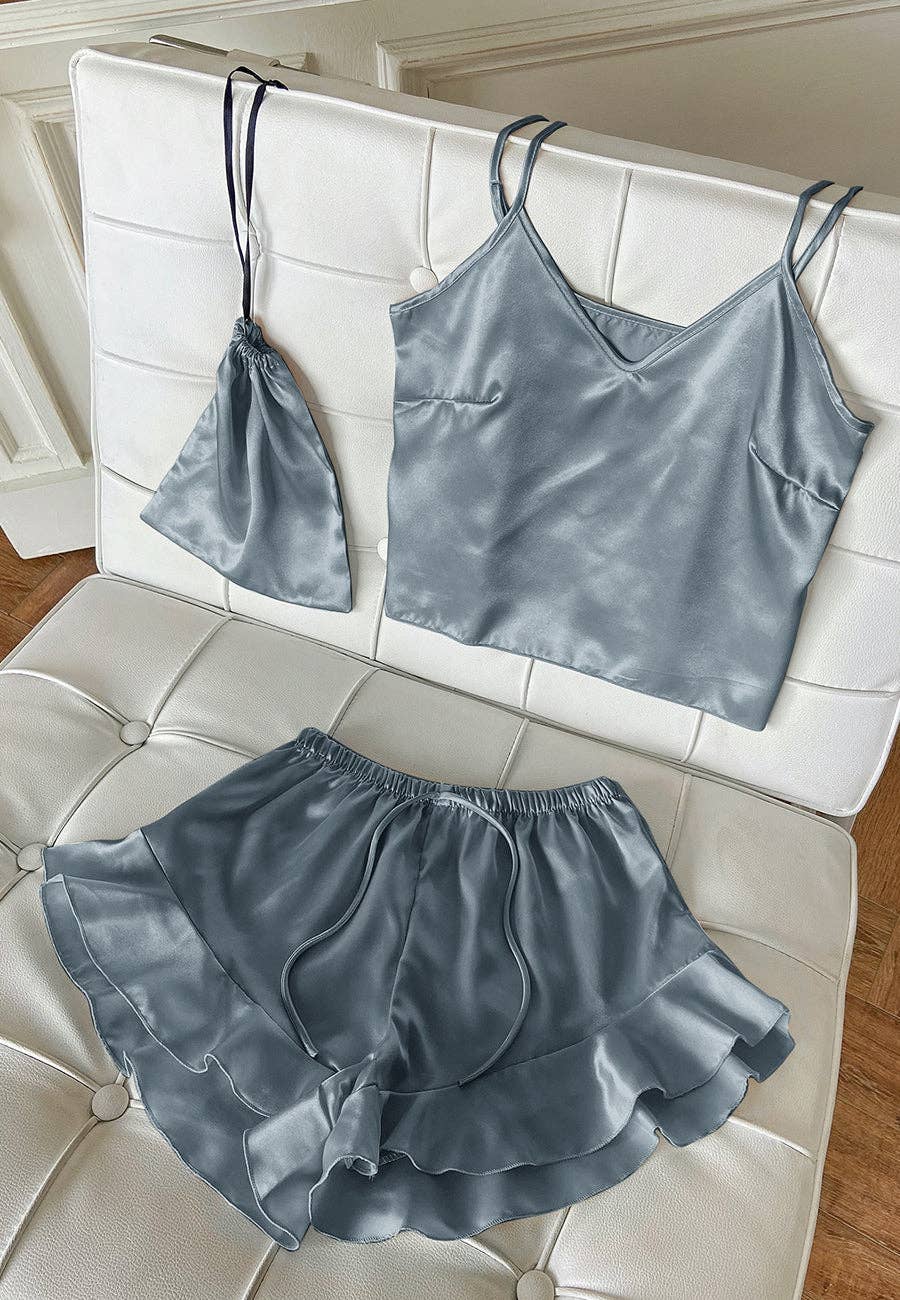 Anna Kaci Wholesale - Wholesale Lounge Set - Women's - Satin Tank and Ruffle Hem Shorts8