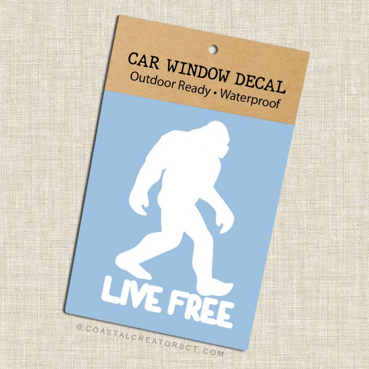 Coastal Creators of Connecticut - Wholesale Sticker - Bigfoot Sasquatch "Live Free" Window Decal (White, Packaged)
