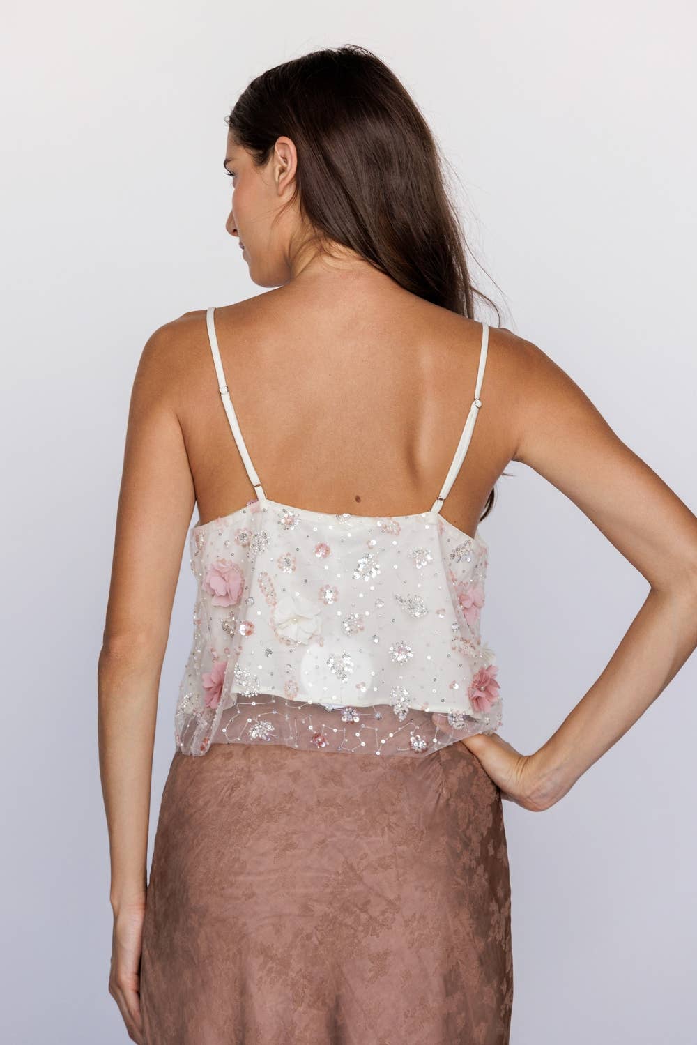 IVORY PINK FL SDJT9998-3D FLORAL SEQUIN MESH TOP for wholesale on Faire1