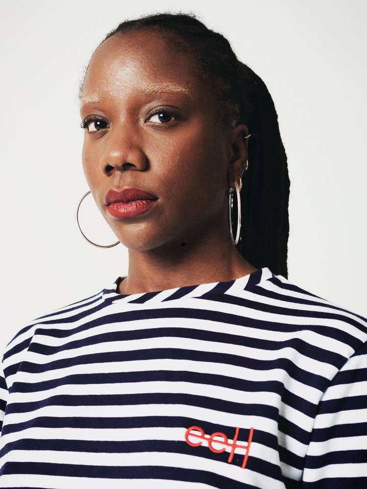 Top a righe navy in jersey di cotone - realizzato a Parigi - Pre-ordine per la vendita all'ingrosso da parte di eeH